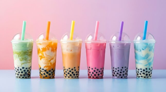 Bubble tea cups with colorful straws in a row on pastel background