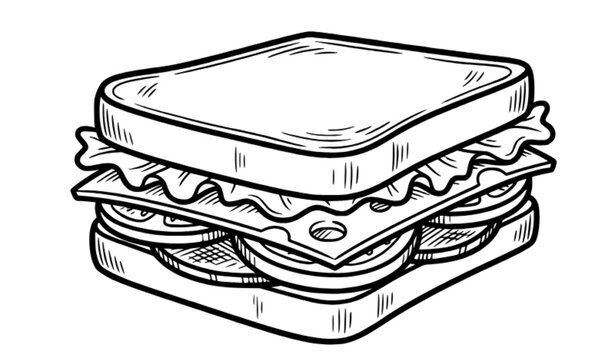 Black and White Sandwich with Bread Cheese and Lettuce Vector Illustration