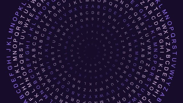 A hypnotic motion graphics animation featuring blue alphabet letters swirling in a spiral vortex pattern on a dark purple background. Ideal for educational and abstract designs.