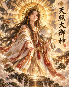 Amaterasu Omikami, Japanese Sun Goddess in a Mystical Golden Realm