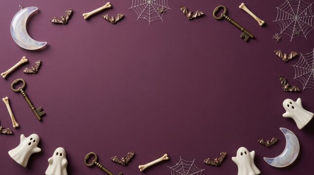Halloween background with spooky ghost and bone decorations arranged in a frame on a dark purple surface