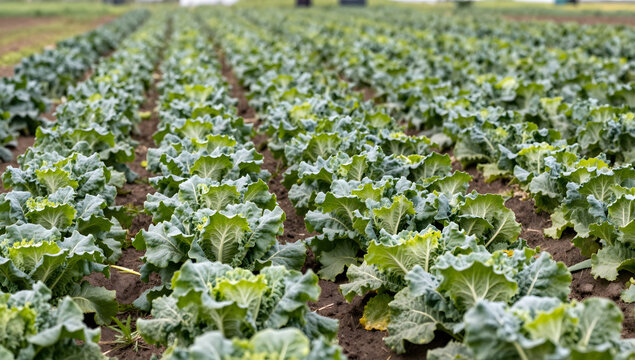 Rows of Cabbage in a Field: Lush green cabbage plants are neatly arranged in perfect rows across a vast agricultural field, showcasing the bounty of a successful harvest.