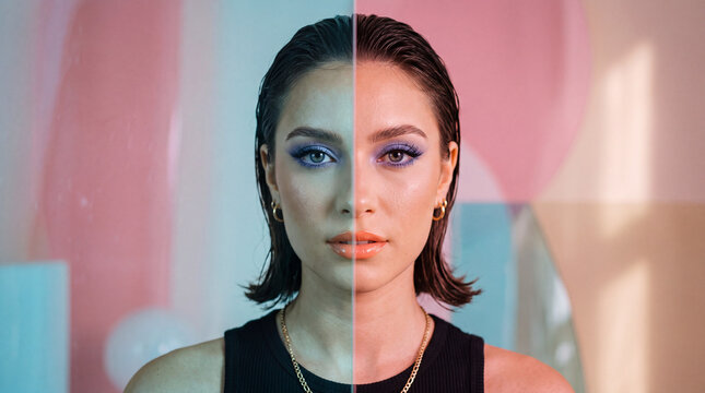 Frontal Beauty Portrait with Color Gel Foreground