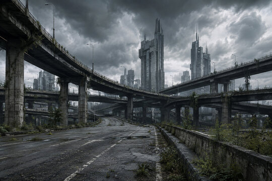 Derelict highway interchange in fictional dystopian capital