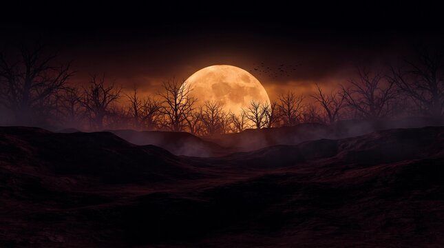 Spooky full moon rising over a dark, barren landscape with bare trees and eerie fog in a creepy night scene