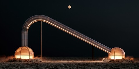Obraz premium Futuristic transparent tube bridge connecting spheres under moonlit