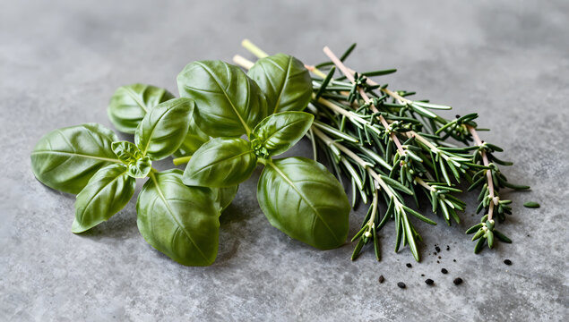 Fresh Herbs for Culinary Delight: A vibrant bunch of fresh basil and rosemary, their aromatic leaves glistening, are artfully arranged on a textured grey surface, promising culinary perfection.