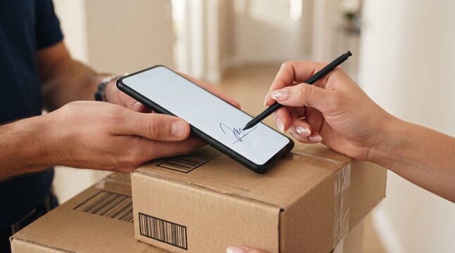 Macro Close Up Digital Delivery Signature on Smartphone with Cardboard Boxes