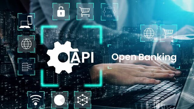 Hands Typing on Laptop Keyboard with Open Banking Concept and API Integration Graphics in a Digital Cityscape Background Gluon.