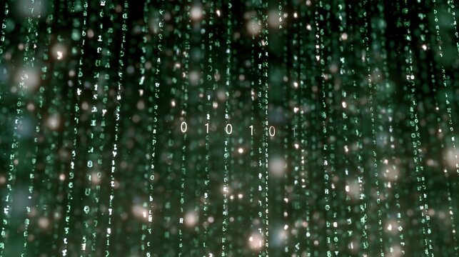 Digital matrix of falling green code and binary