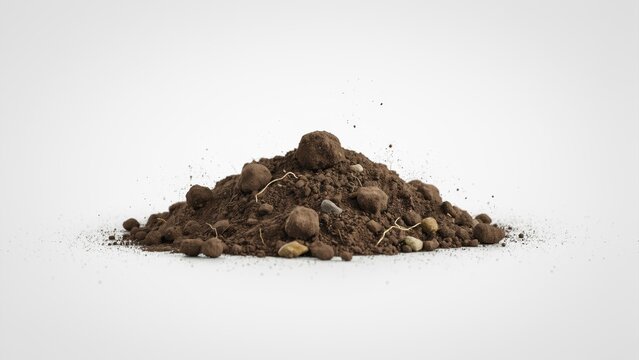 Natural brown soil pile on white background. Fertile garden earth mound with small rocks. Organic potting compost for agriculture.