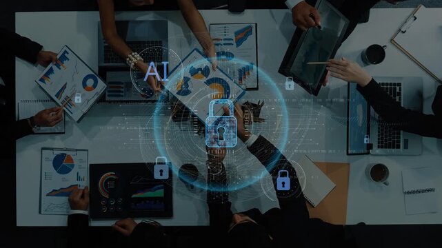 A diverse business team collaborates to discuss security and AI strategy, surrounded by charts and data on the table, showcasing a modern office atmosphere. Raster