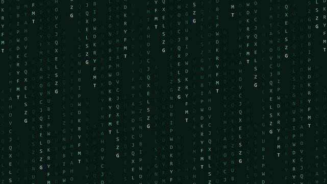 Abstract motion graphic of green digital characters scrolling downwards like rain. Ideal for themes of cyber security, hacking, programming, and big data technology.