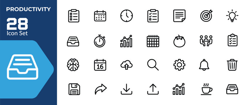 Productivity vector icon set for business workflow time management task organization and modern office UI design
