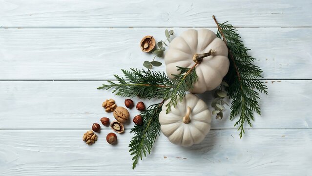 Two white pumpkins with green cedar branches and scattered hazelnuts on a light blue wooden background