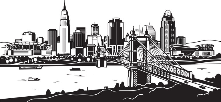 Black and white vector illustration of Cincinnati skyline with bridge and river Vector