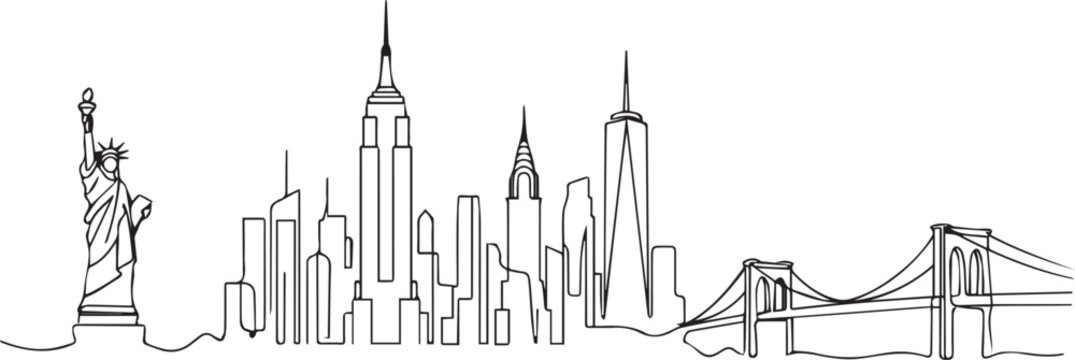 Isolated line drawing of Statue of Liberty with New York City skyline and bridge Vector