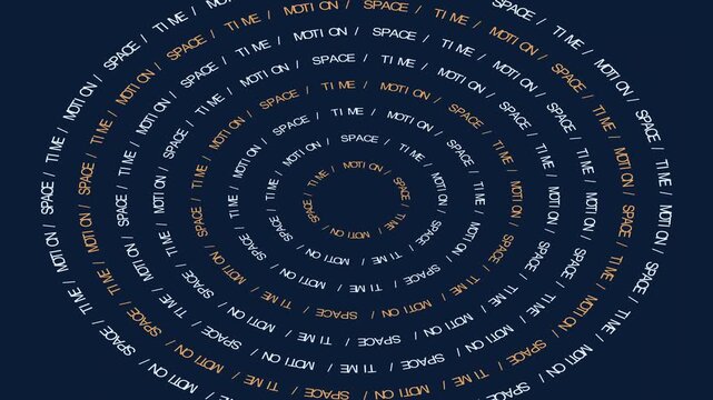 Abstract motion graphics loop with kinetic typography spiraling inwards. The words 'Space', 'Time', and 'Motion' rotate in a hypnotic, concentric pattern on a dark blue background.