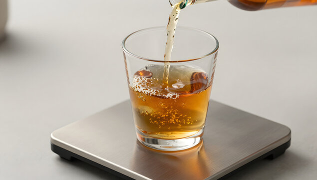 Golden Elixir Pour: A clear glass fills with amber liquid, featuring effervescent bubbles, poured from a bottle onto a digital scale.