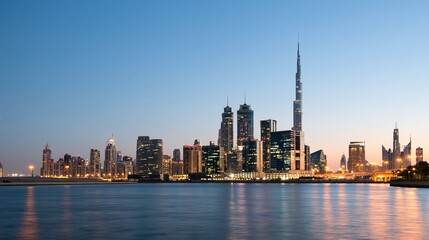 Fototapeta premium Dubai skyline at twilight with illuminated skyscrapers reflecting