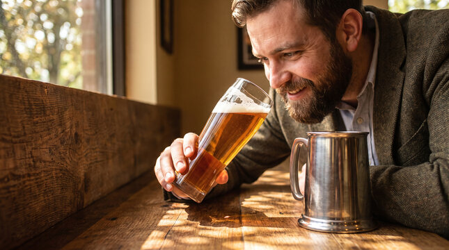 Bearded beer sommelier inspecting a glass of ale during Oktoberfest at pub