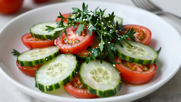 Fresh Salad Delight: A vibrant and refreshing salad featuring thinly sliced tomatoes and cucumbers, garnished with fresh parsley and sesame seeds, served in a clean white bowl.