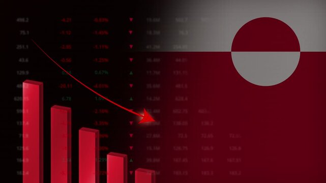 Economic crisis in Greenland concept background.Red falling graph animation with Greenlandic flag.Stock market crash