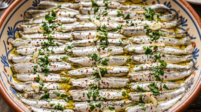 Traditional Spanish boquerones en vinagre marinated anchovies in olive oil