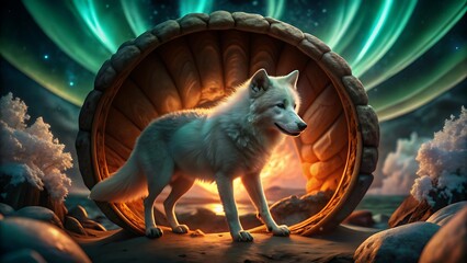 Fototapeta premium White wolf standing inside a wooden circle against a aurora borealis sky with northern lights animal portrait wildlife predator