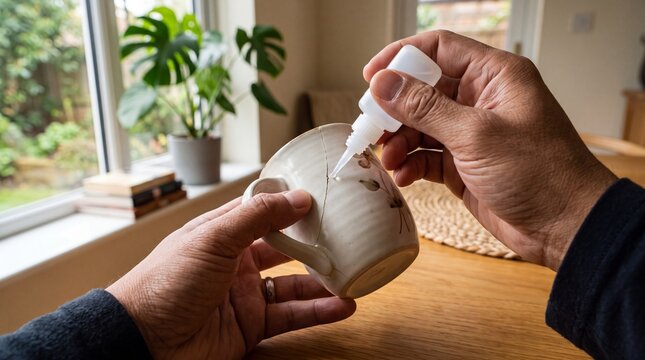 Adult male applying liquid superglue to fix broken pottery