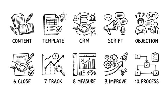 Hand drawn modern sales enablement tools icons content template crm script objection close track measure improve, black ink sketch vector illustration