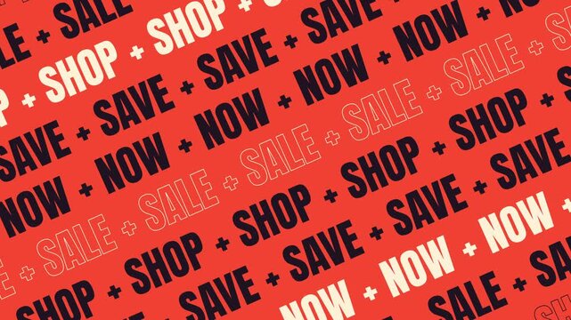 Vibrant red background featuring a dynamic diagonal pattern of bold typography with text like SALE, SHOP, SAVE, and NOW. Ideal for retail promotions and high-energy marketing campaigns.