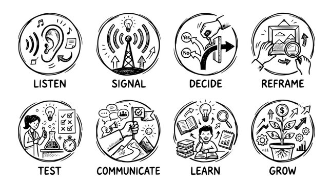 Hand drawn modern business pivot reinvention icons signal listen decide reframe test communicate commit learn grow, black ink sketch vector illustration
