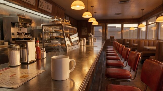 Steaming hot coffee mug on an empty vintage American diner counter with classic interior and warm sunlight.