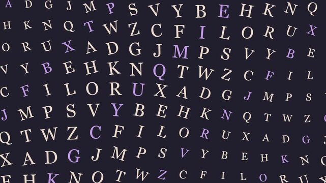 Abstract background featuring a scattered pattern of colorful uppercase letters in various fonts and colors against a dark navy blue background. Ideal for typographic designs.