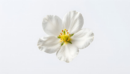 Fototapeta premium Delicate White Blossom: A single, perfectly formed white flower with five delicate petals and a vibrant yellow center stands out against a clean backdrop, showcasing its simple elegance.