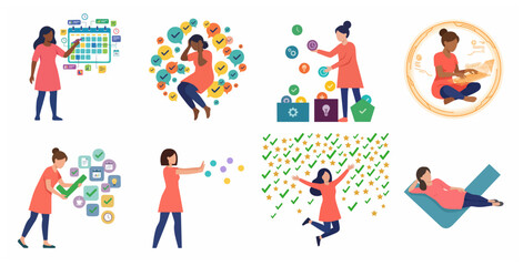 Fototapeta premium Productivity and work-life balance concept set with women managing time, stress, scheduling, and personal well-being in flat vector style