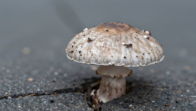 Mushroom Emerging from Asphalt: A solitary mushroom with a mottled cap pushes through a crack in the asphalt, symbolizing resilience and nature's persistent growth.