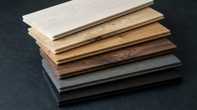 Hardwood flooring samples stacked showing different wood species, finishes, and stain colors on a dark background