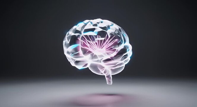 Luminous translucent digital human brain concept showing neural activity and artificial intelligence connectivity