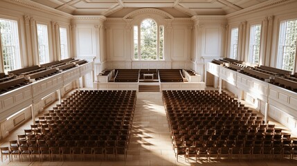 Obraz premium Grand empty auditorium with rows of wooden chairs