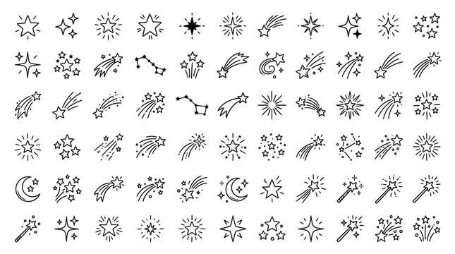 Sparkling celestial bodies and magic wands in a simple line art style for festive designs