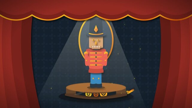Animated Nutcracker toy on theater stage with mechanical gears