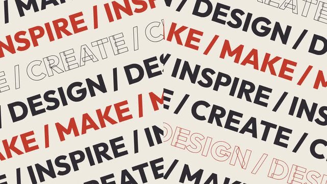 Dynamic kinetic typography background featuring bold, diagonal text. The words Design, Create, Make, and Inspire repeat in a modern, layered pattern of red and black on a light background.