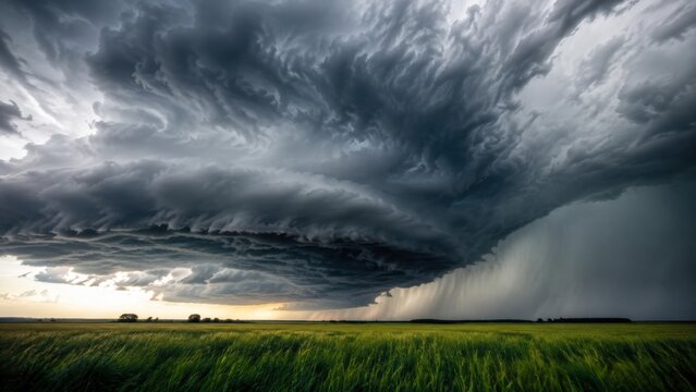 Dark, swirling storm clouds gather ominously over a green field, signaling an approaching severe thunderstorm or tornado.