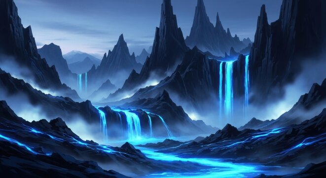 Alien landscape with glowing blue waterfalls and rivers