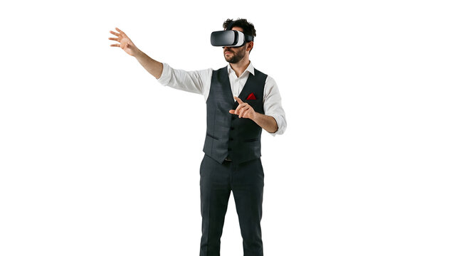Businessman wearing VR headset interacting with digital interface isolated on white background