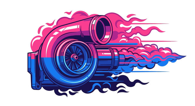 Vibrant Turbocharger Illustration with Dynamic Smoke and Speed Effect.