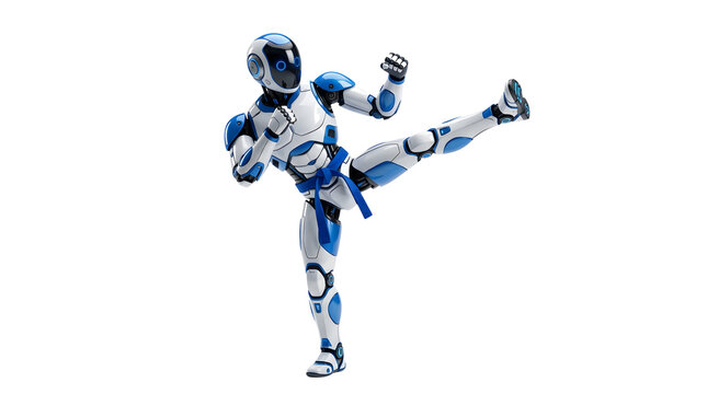 Futuristic cyborg robot performing a high kick isolated on white background