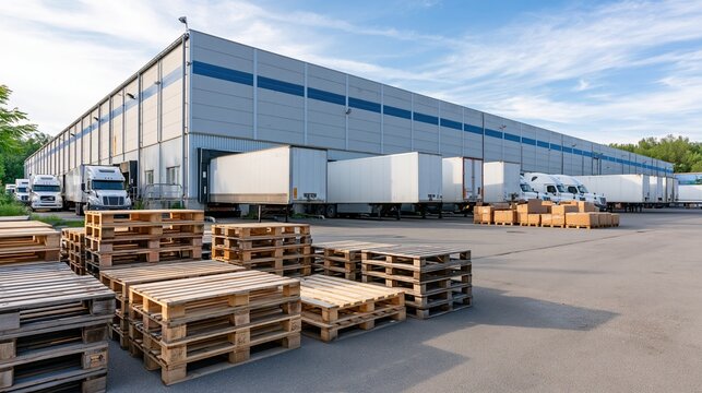 Logistics warehouse exterior with trucks and pallets